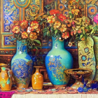Vibrant ornate vases and bowls with intricate designs against vibrant tapestries and fresh flowers