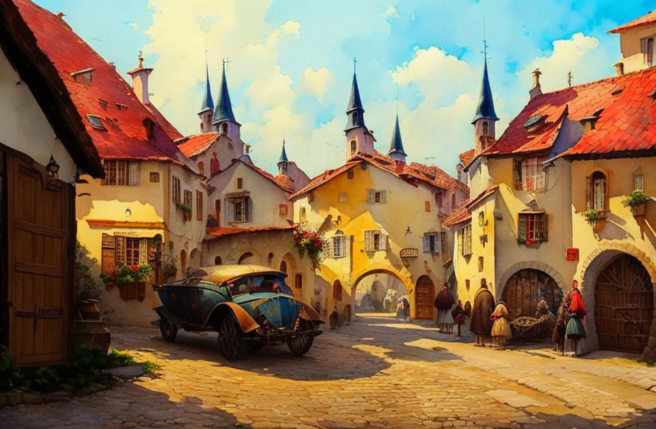Vintage-style painting of European village street scene with cobblestones, old buildings, classic car, and