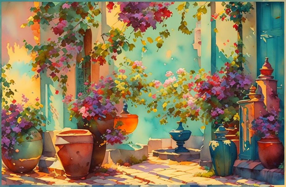 Colorful Watercolor Painting of Sunlit Courtyard with Flowers and Blue Door