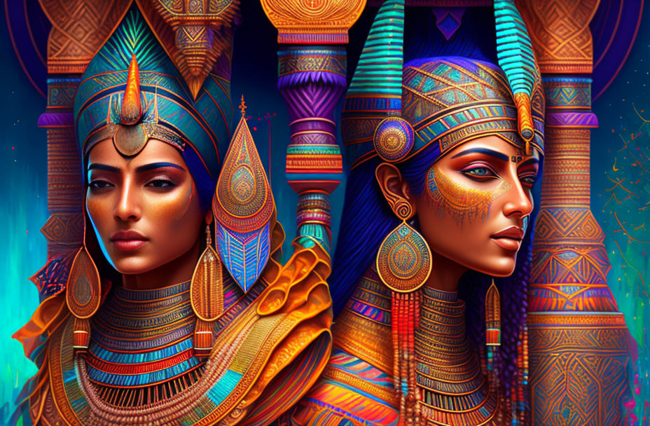 Stylized Egyptian figures with intricate headdresses on vibrant background
