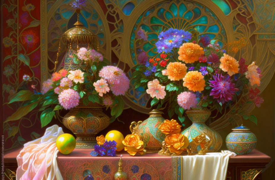 Colorful still life with flower bouquets, pottery, fruits, and patterned backdrop