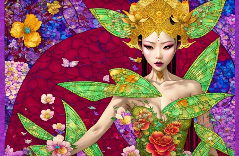 Illustrated female figure with golden headgear and dragon-inspired makeup in vibrant floral mosaic setting