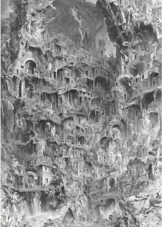 Monochrome illustration of intricate cityscape carved into cliff