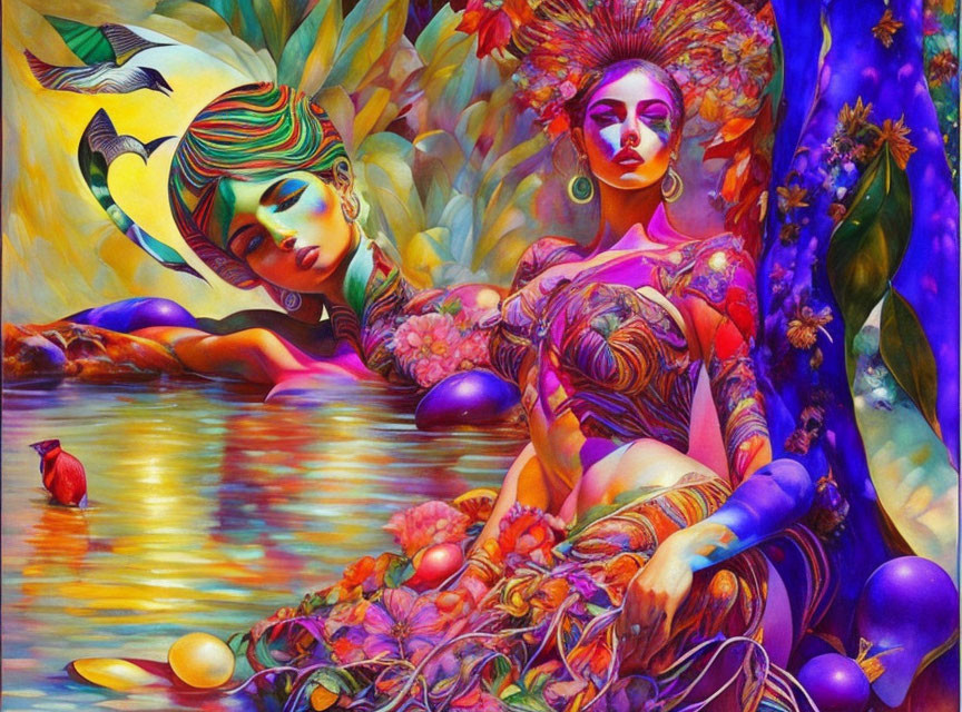 Colorful painting of two women in lush nature scene