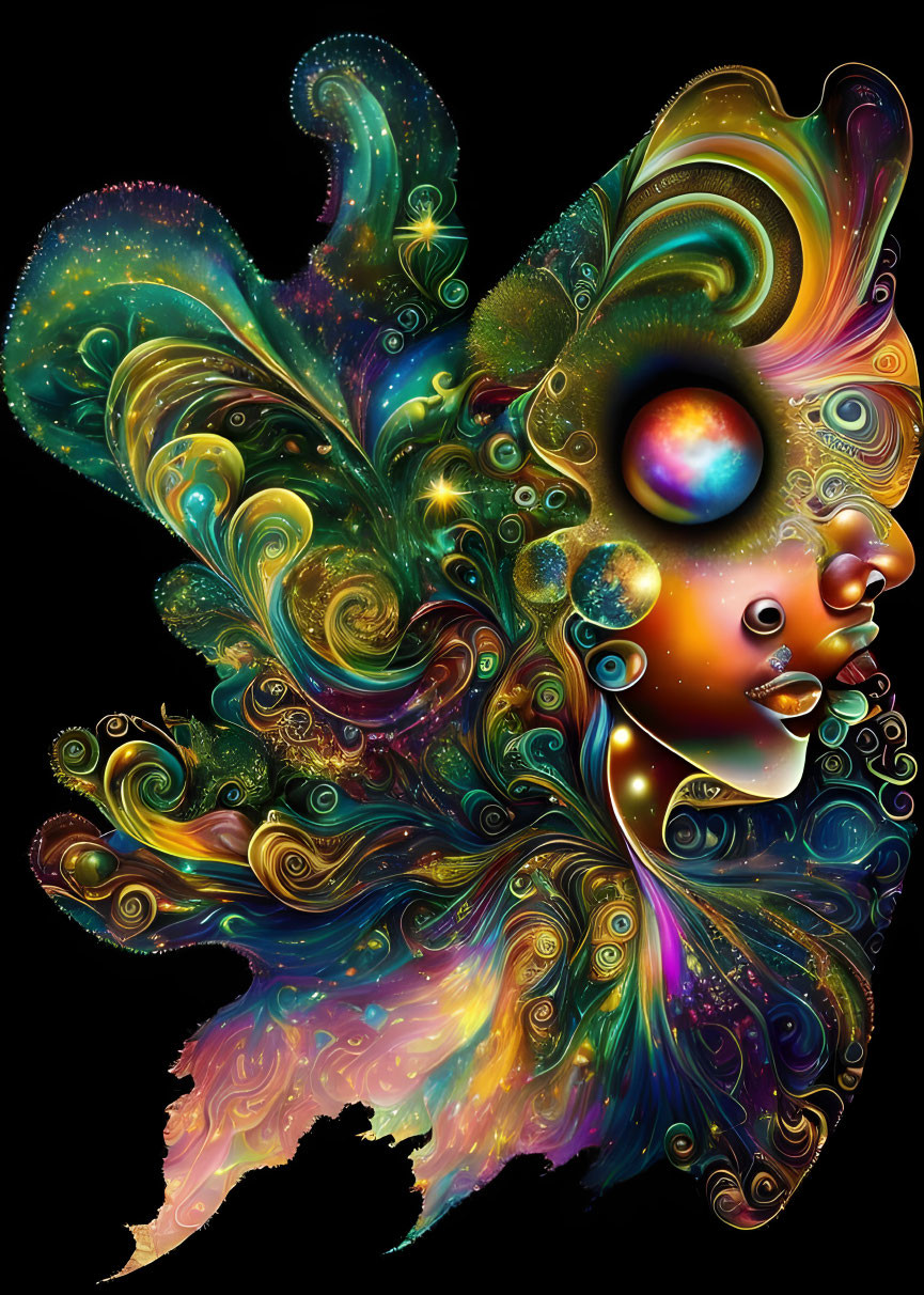Colorful abstract portrait with cosmic patterns and celestial motifs.