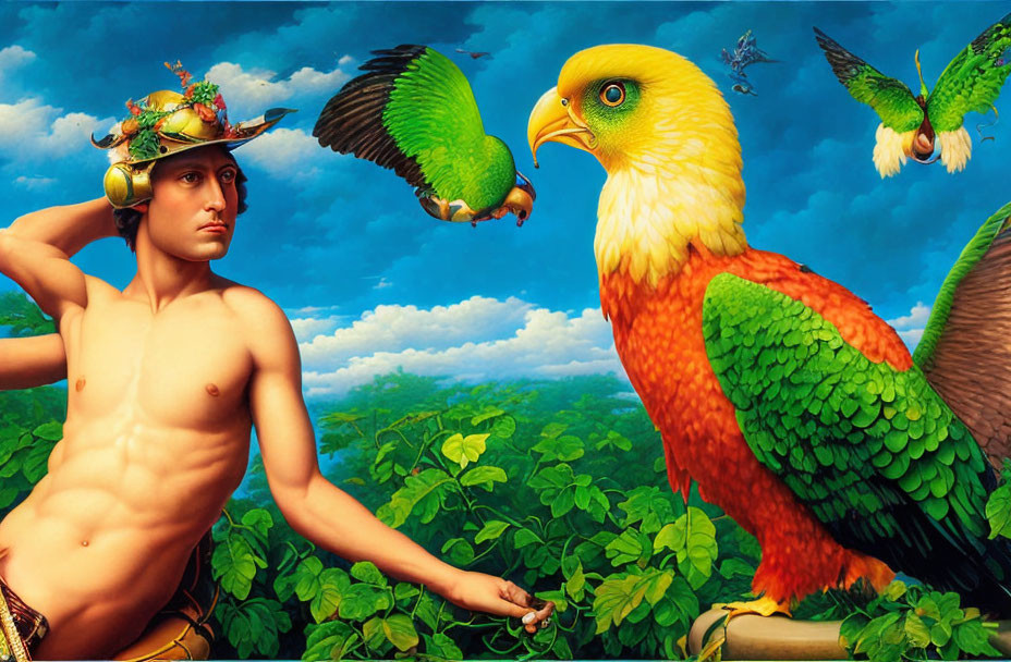 Surreal painting featuring shirtless person, fruit-adorned hat, and oversized parrot