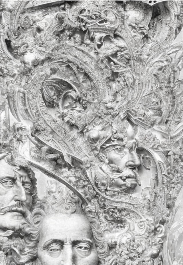 Detailed Black and White Ornate Relief with Classical Figures and Swirls