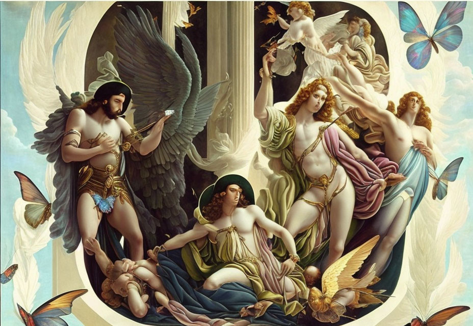 Classical-style painting of mythological figures and angels in lush, dream-like setting
