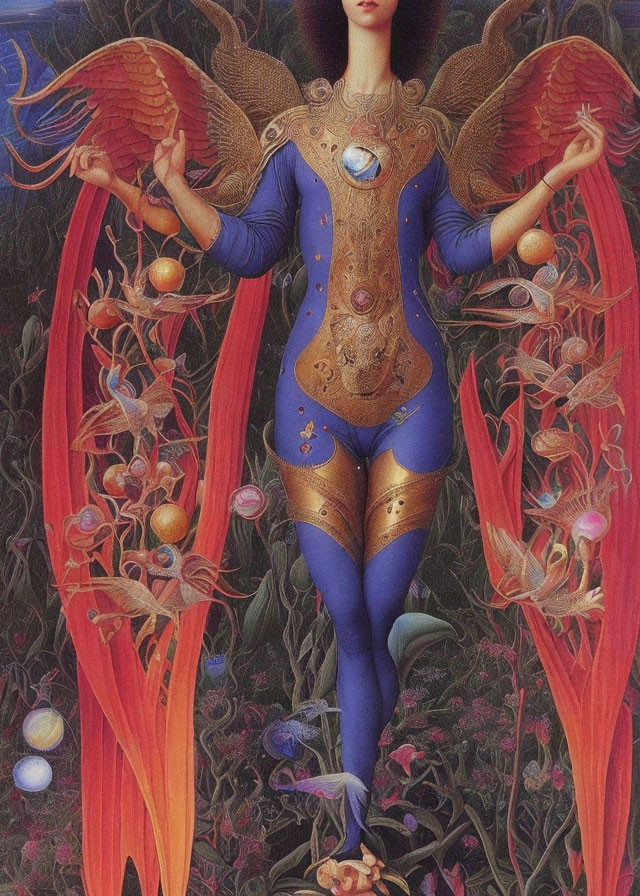 Winged figure in celestial armor surrounded by orbs among lush flora
