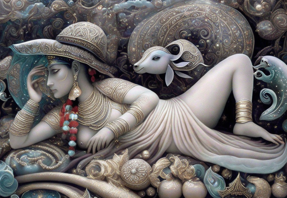 Detailed Artwork: Woman with Jewelry and Ram in Cosmic Setting