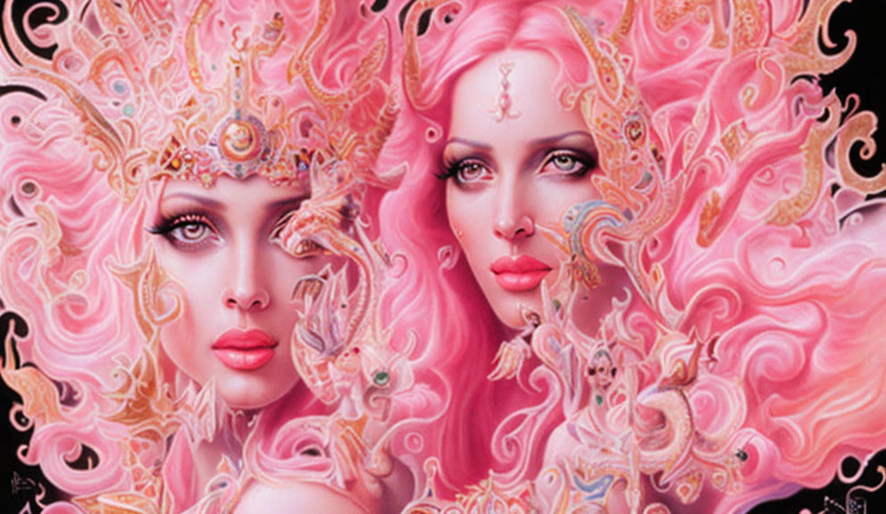 Stylized fantasy female figures with pink hairstyles and headdresses on black background