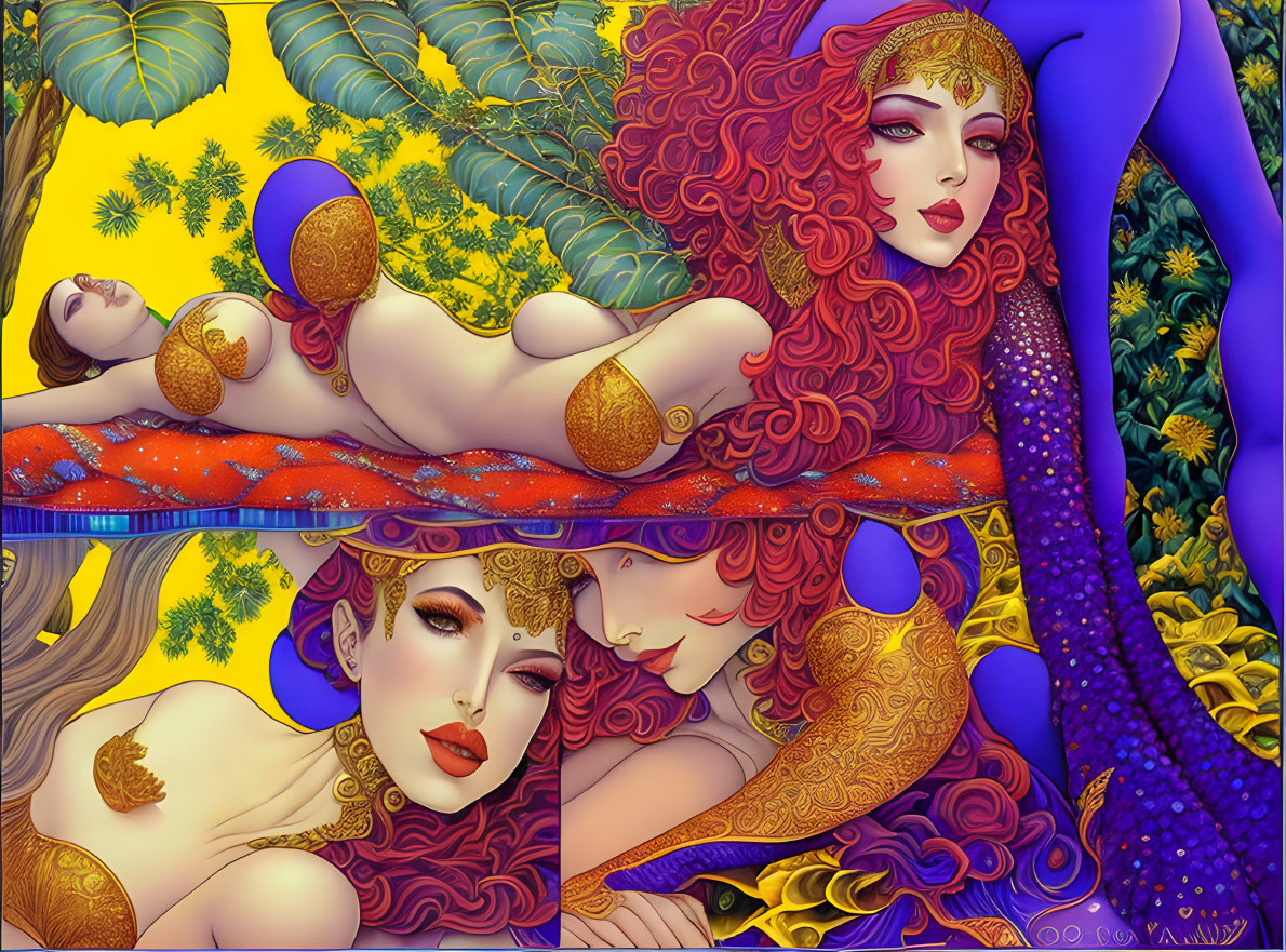 Colorful surreal art: Red-haired women in lush foliage