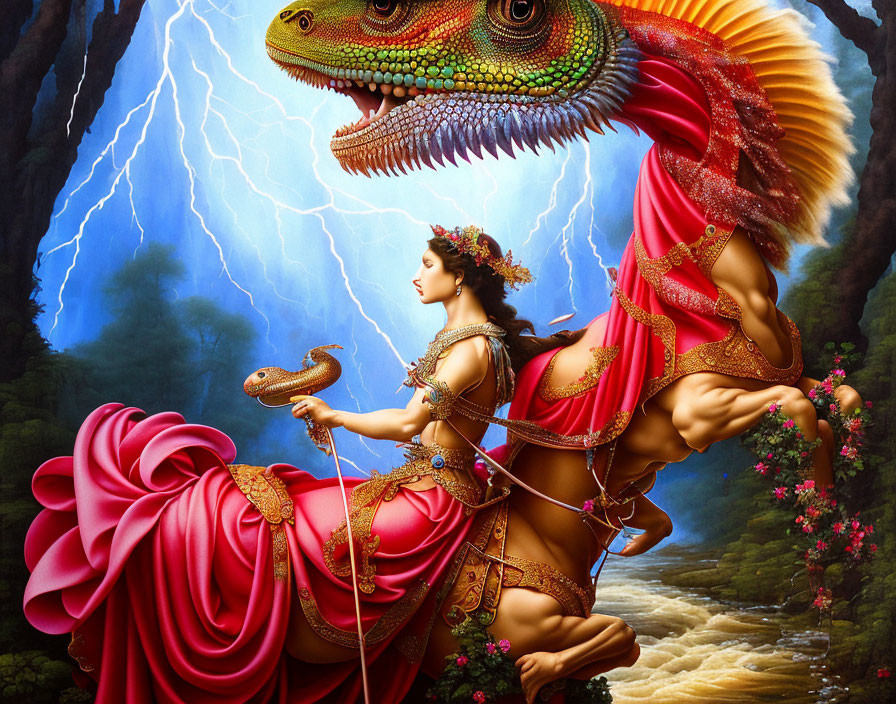 Woman in red dress rides green iguana with orange frills in dramatic landscape.
