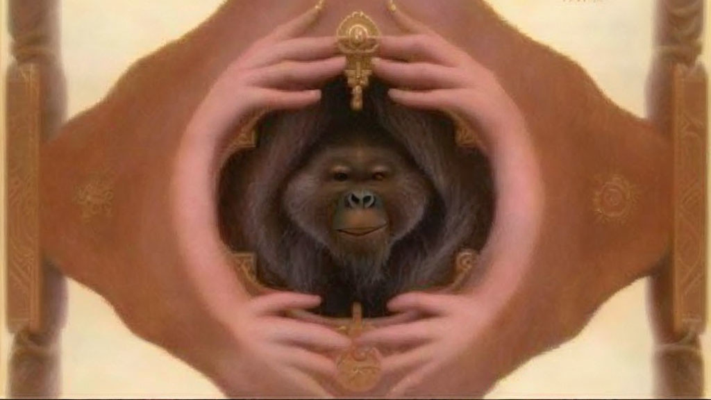 Orangutan face mirrored in heart hands with ornate details