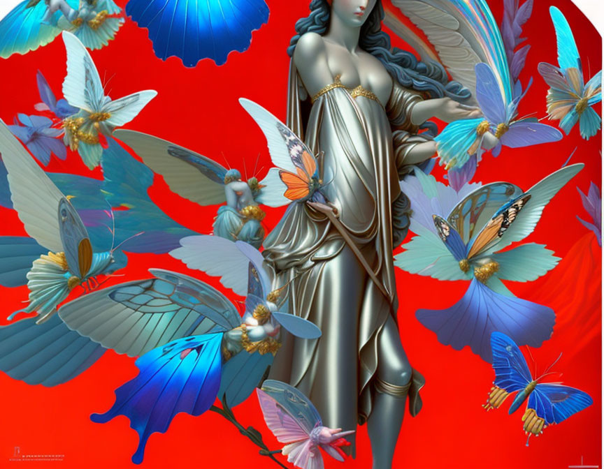 Digital artwork: Silver statue woman with vibrant butterflies on red background