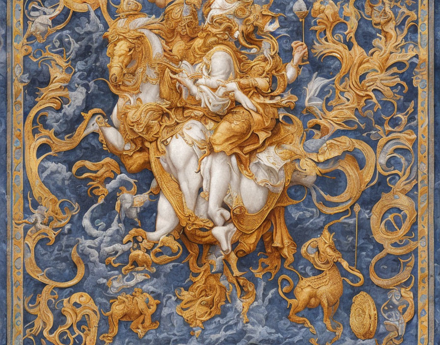 Golden Mythological Bas-Relief on Blue Background