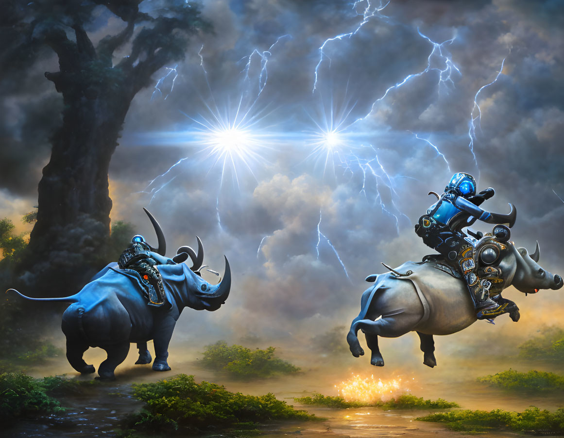Armored characters riding rhinos in misty forest under stormy sky