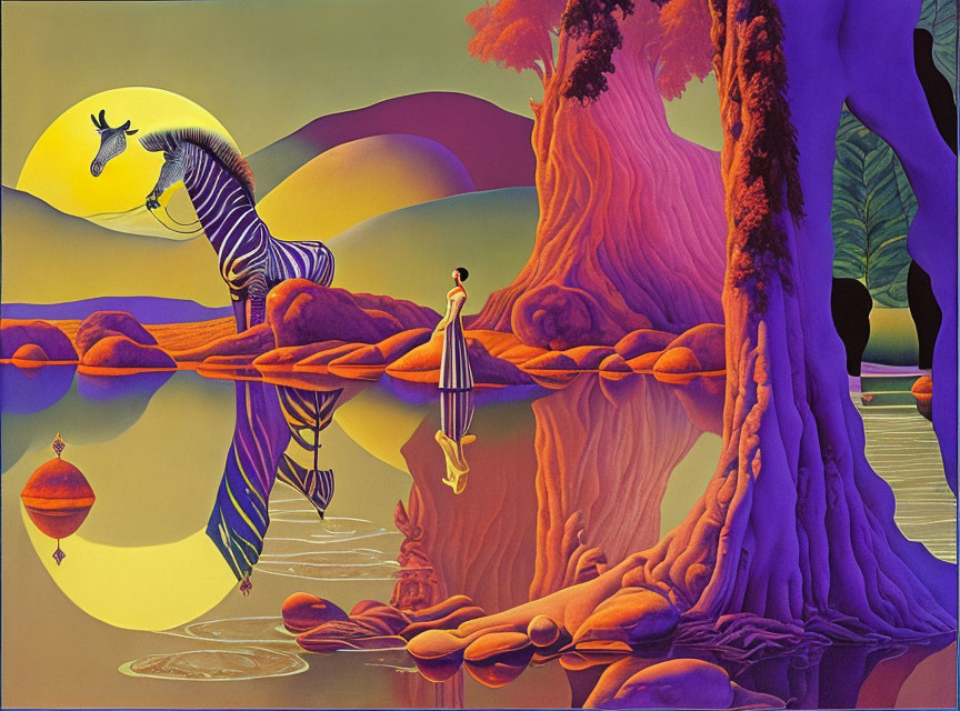 Surreal landscape with zebra merging into banana, lady by water, colorful terrain, strange trees