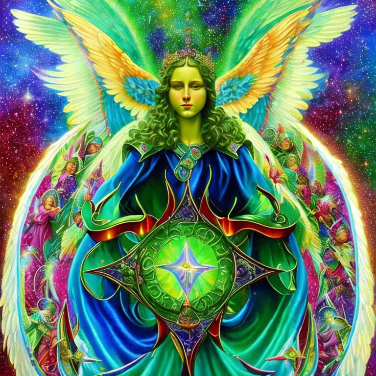 Colorful winged figure in blue and green robes with glowing talisman in cosmic setting