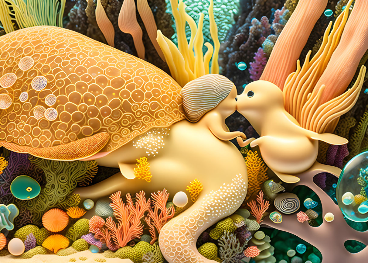 Colorful underwater scene with stylized sea creatures and corals, featuring golden seal and turtle characters.