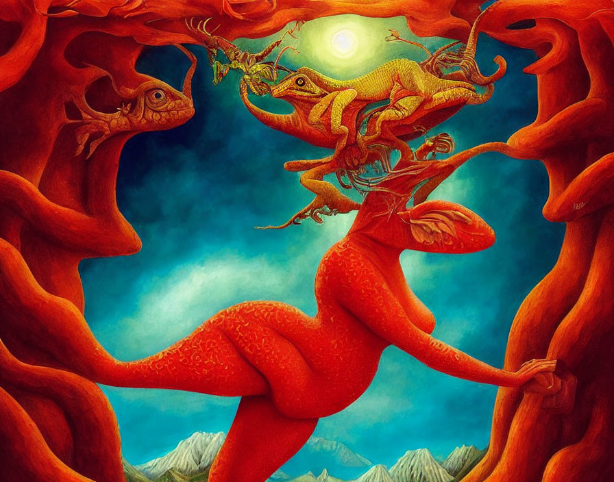 Colorful painting of red dragons in a surreal landscape with twisted trees and a bright sun