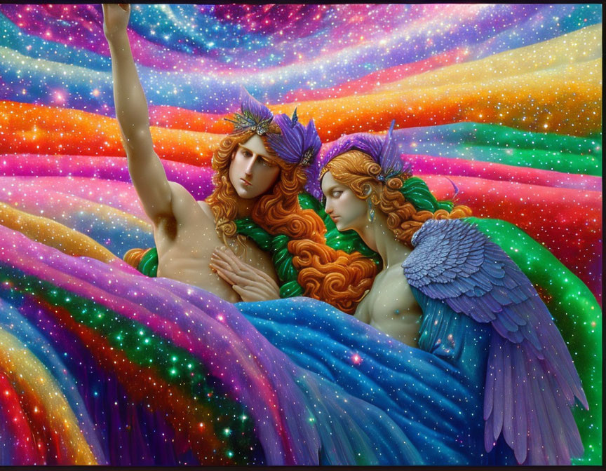 Mythical beings with colorful wings and crowns embracing in cosmic scene