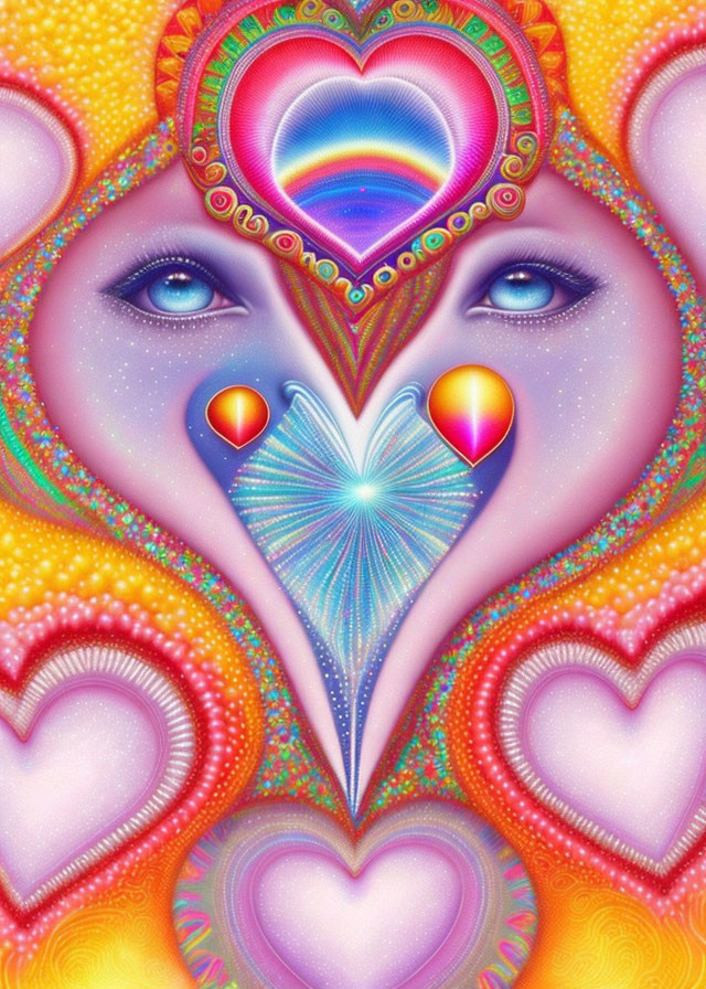 Colorful Psychedelic Artwork with Eyes, Hearts, and Intricate Patterns