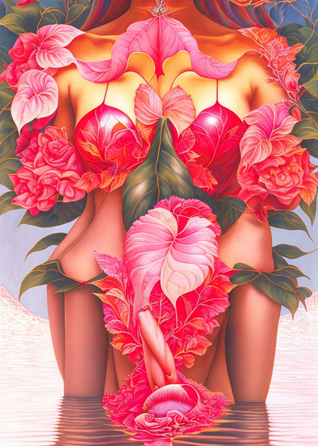 Surreal artwork: Woman's body merges with vibrant pink and red flowers