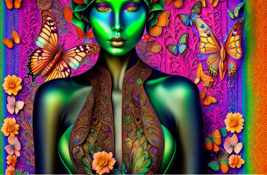 Vibrant digital artwork of woman with green skin and butterfly wings
