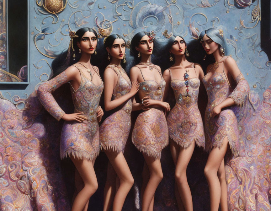Five Stylized Women in Ornate Dresses Against Detailed Background