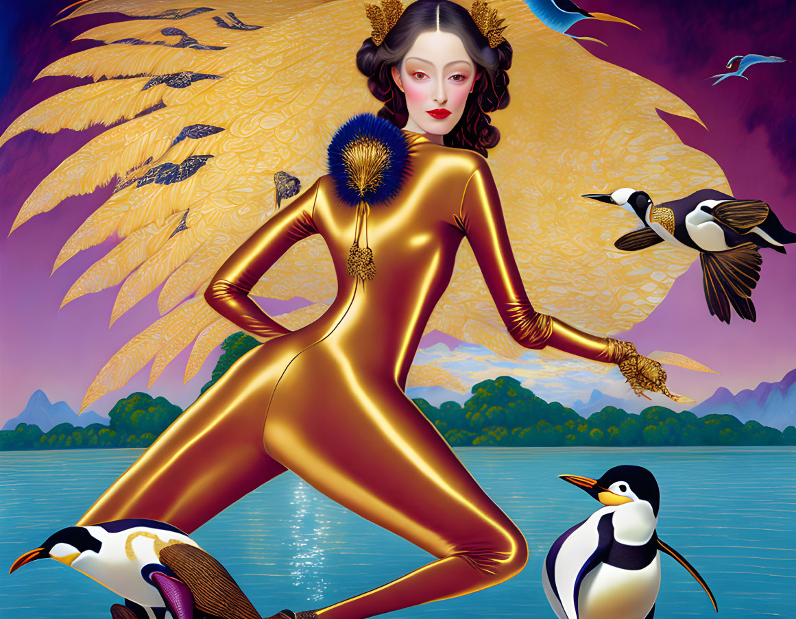 Stylized illustration of woman in gold suit with penguins and birds