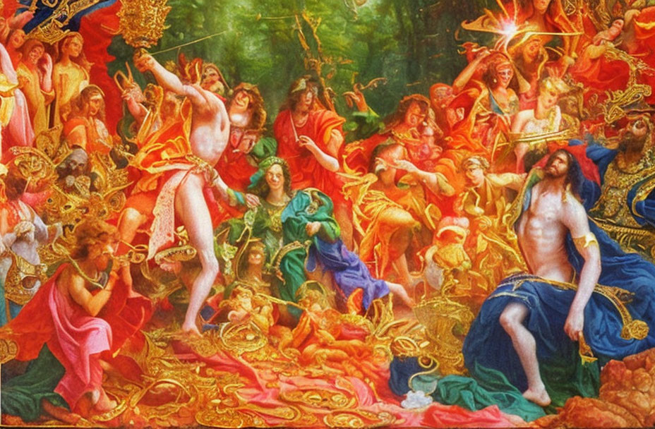 Colorful Mythological Figures Painting with Radiant Light Effects