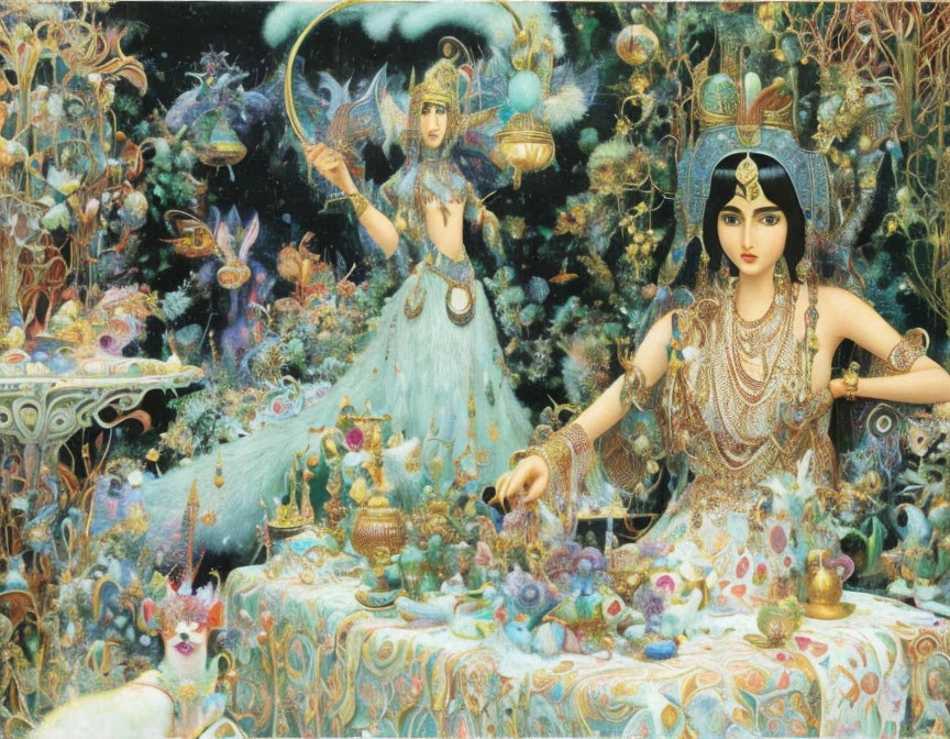 Woman in ornate attire surrounded by creatures and greenery in fantastical scene