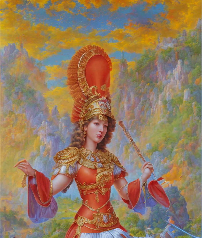 Portrait of a woman in golden armor with spear under vibrant sky