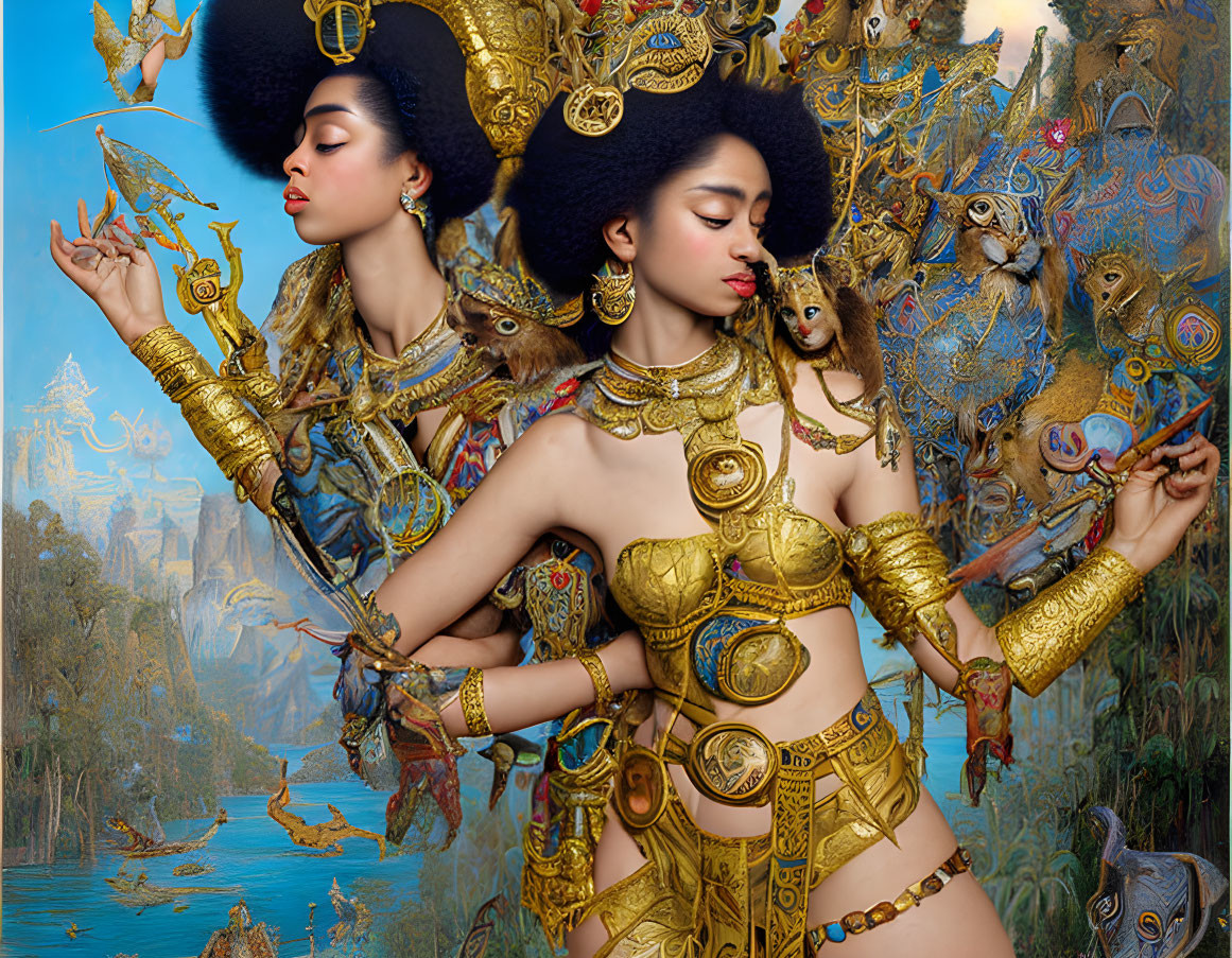 Fantasy Artwork: Two Women in Golden Armor with Surreal Animals