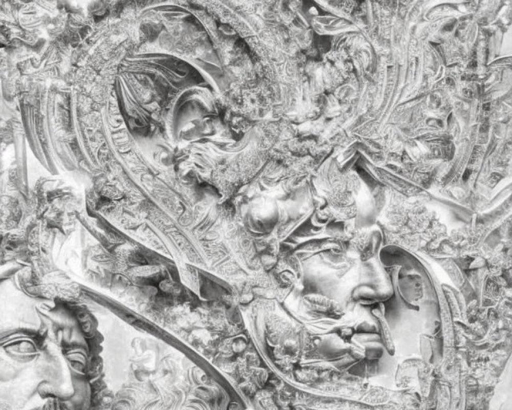 Detailed Black and White Ornate Relief with Classical Figures and Swirls