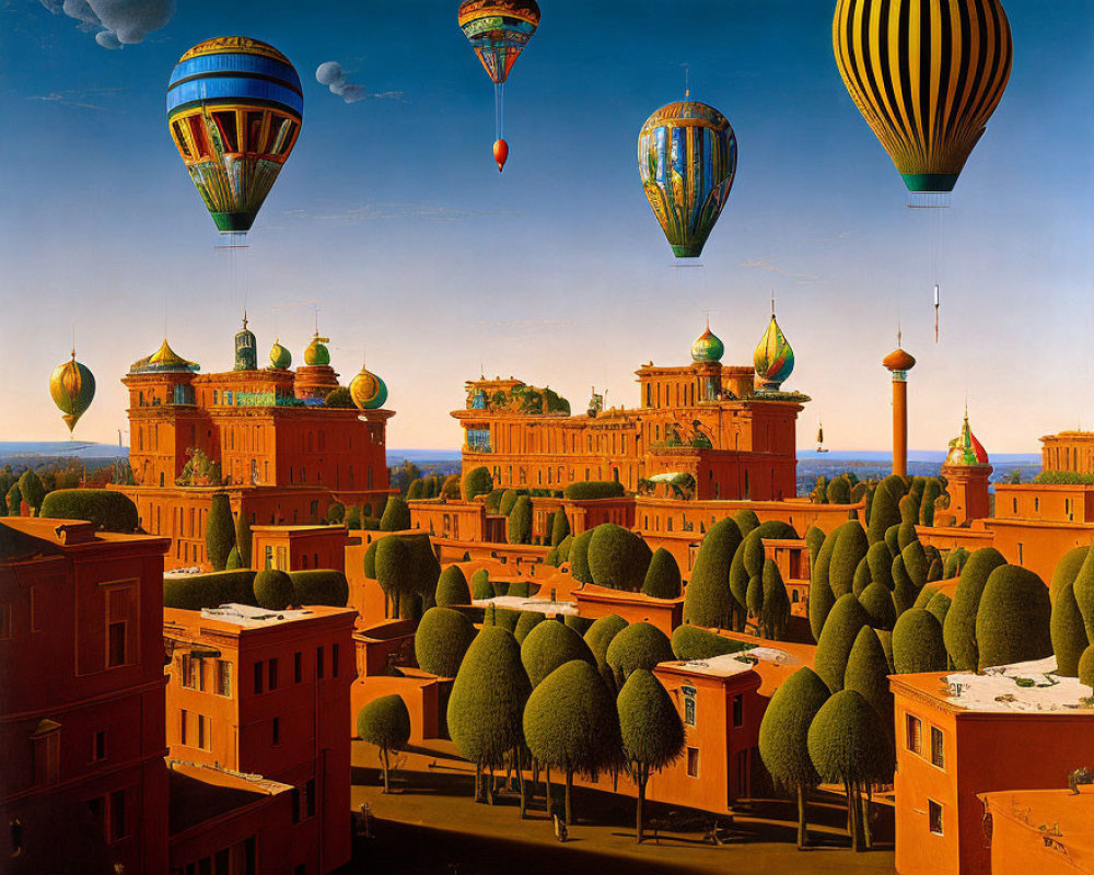 Colorful hot air balloons over surreal landscape with uniform trees and ornate buildings
