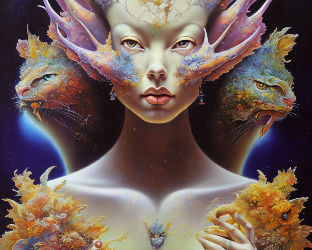 Vibrant surreal portrait of woman with lion headpiece in cosmic setting
