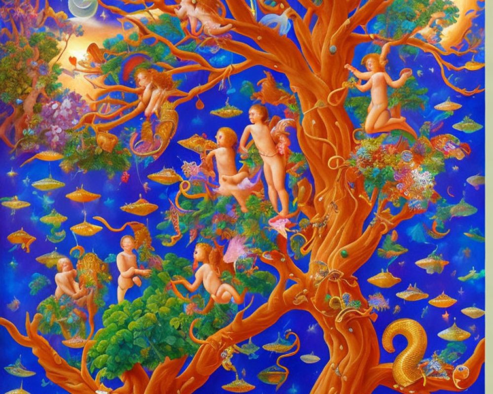 Colorful cherubs in orange tree with floating islands and golden serpent