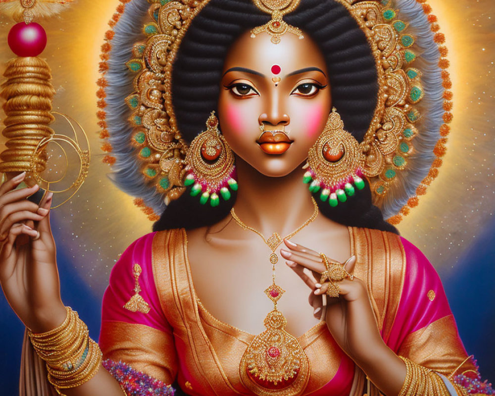 Vibrant digital artwork of a four-armed feminine figure in ornate attire against cosmic backdrop