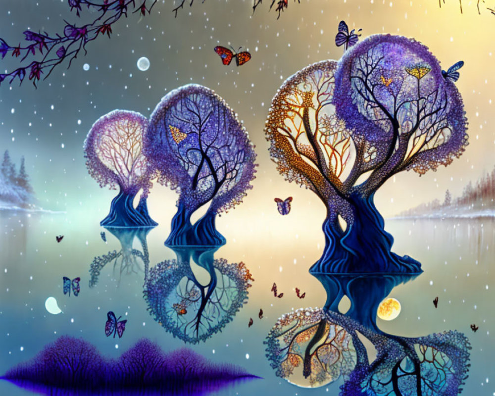 Vibrant trees with butterfly-shaped foliage reflected in tranquil water under starry twilight sky.