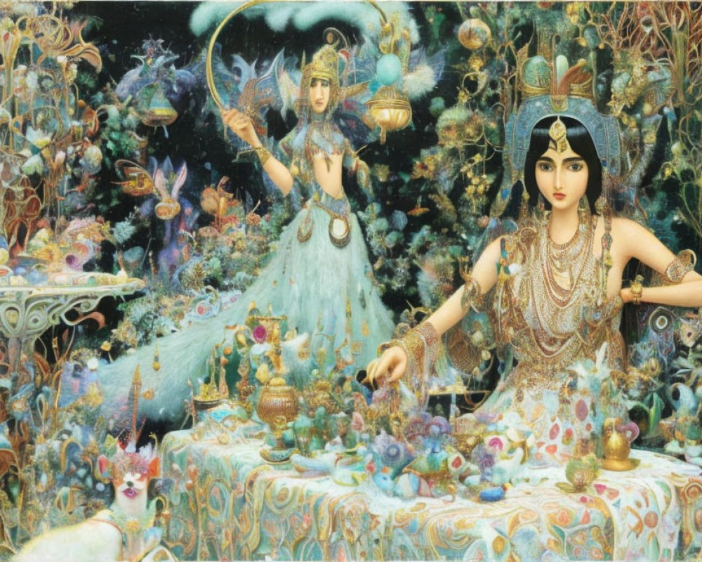 Woman in ornate attire surrounded by creatures and greenery in fantastical scene