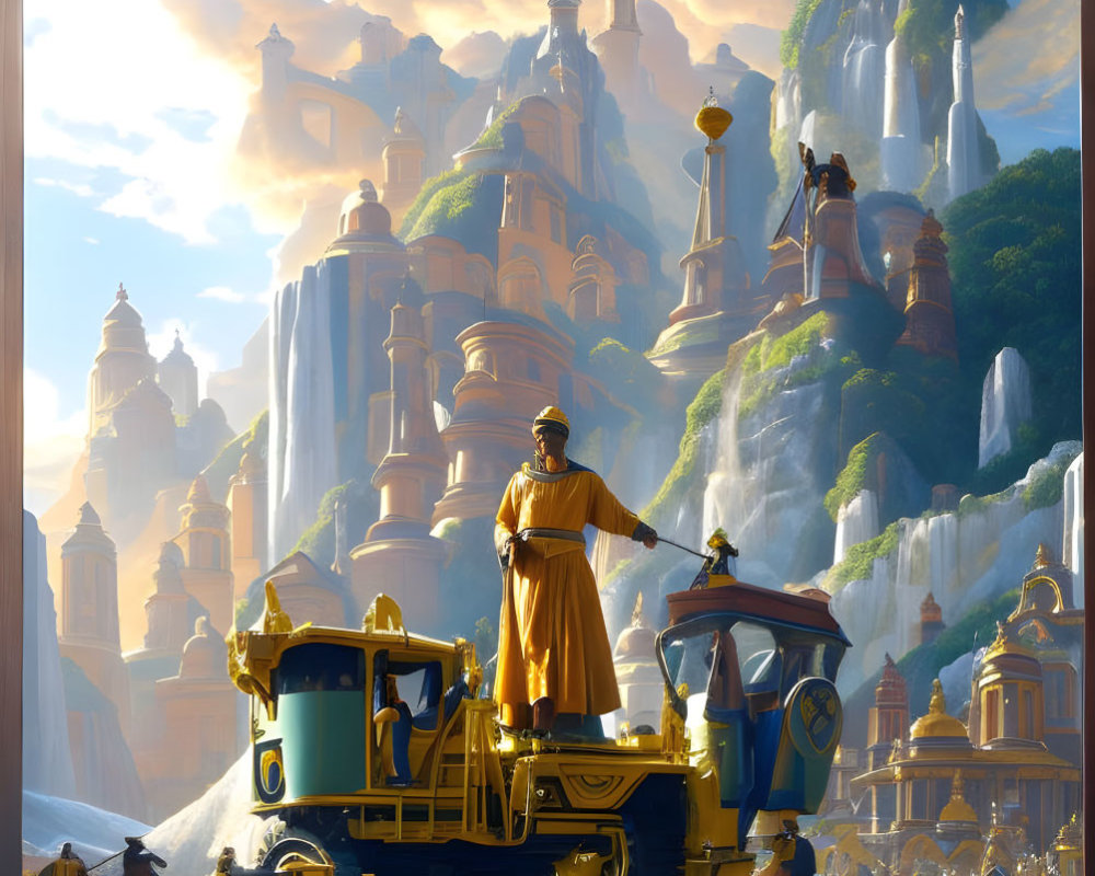 Golden ornate train arrives at fantastical city with spires, waterfalls, and luminous sky