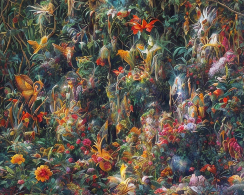 Colorful Garden Scene with Flowers and Birds