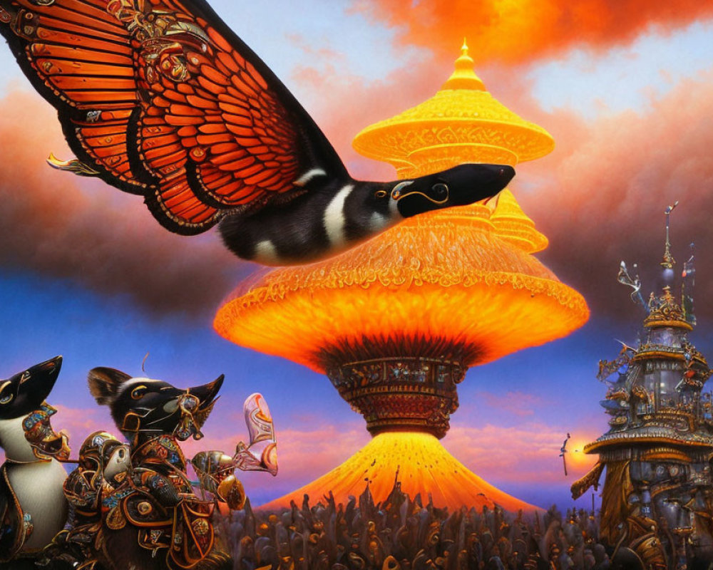 Surreal illustration: Penguin with butterfly wings in fantastical cityscape
