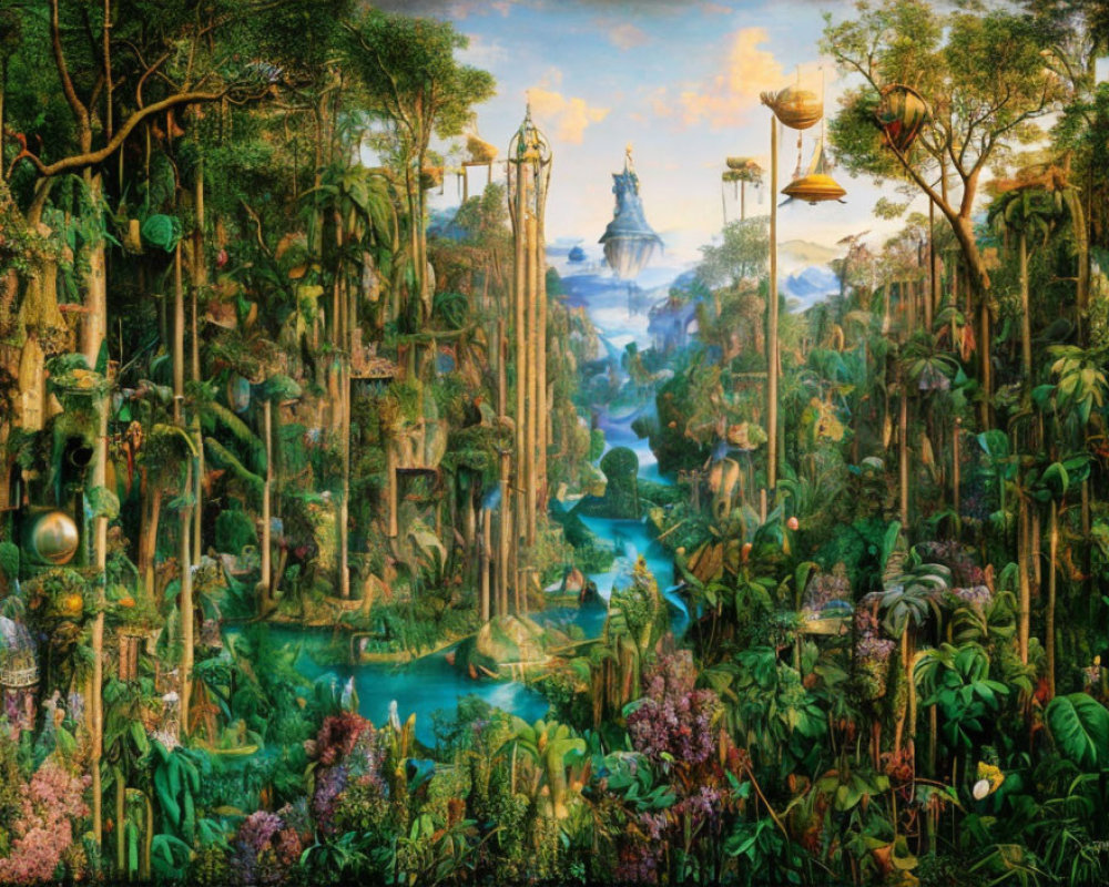 Fantastical jungle landscape with lush foliage and ethereal city