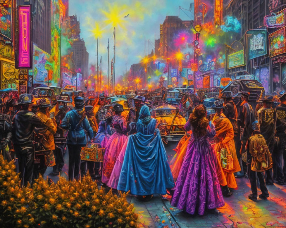 Historical dress and classic cars in vibrant neon-lit street
