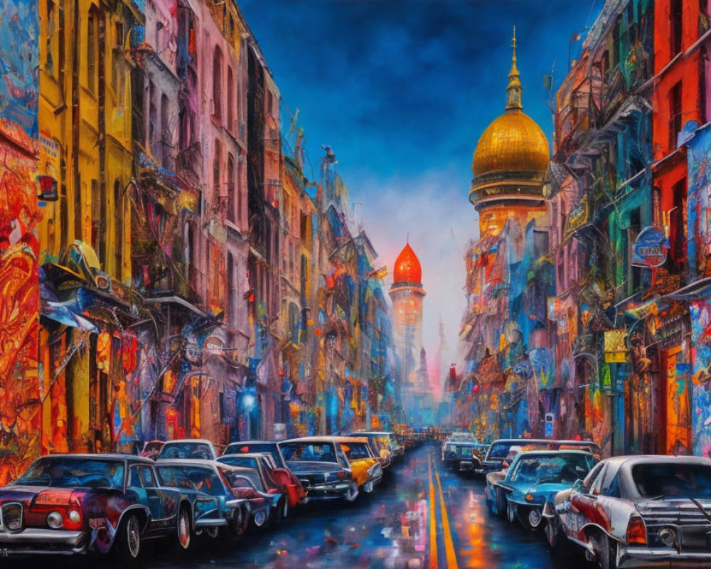 Colorful street scene with classic cars, dilapidated buildings, and golden-domed mosque.