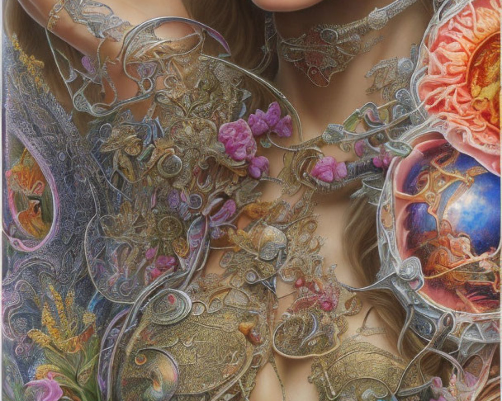 Surreal portrait of fair-skinned woman with golden filigree, flowers, and clockwork
