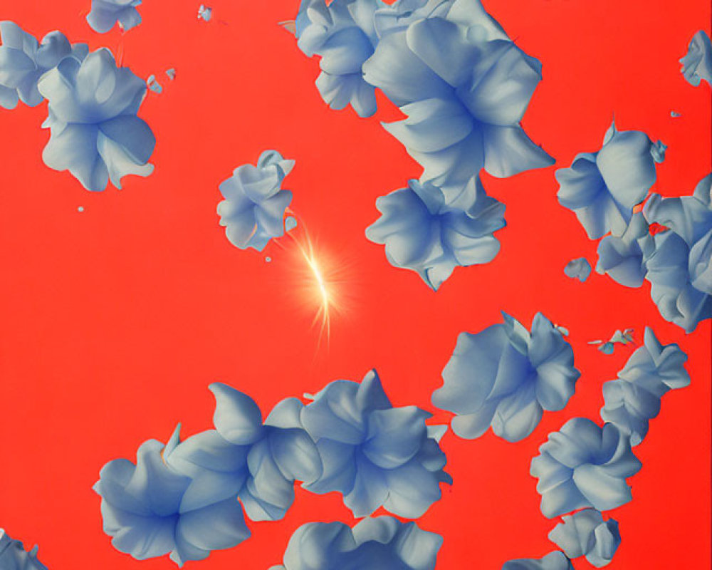 Vibrant red background with floating blue petals and subtle sparkle